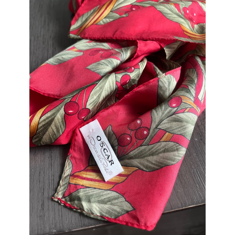 Oscar de la Renta Silk Scarf Red Cherry Botanical Print Square Hand Rolled Edge - Picture 3 of 6